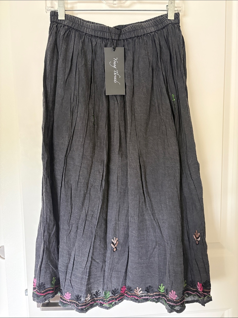 Young Threads Black Embroidered A-Line Cotton Skirt